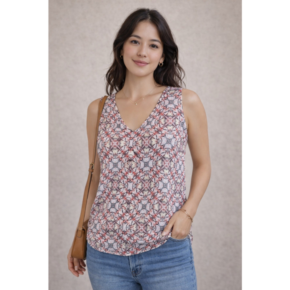 Liverpool S Sleeveless V-Neck Blouse Lightweight Printed Coral Gray Top - Picture 2 of 8